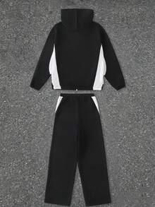 SHEIN 2件組男士青少年休閒街頭風白色解構設計立領拉鍊夾克與寬鬆直筒運動長褲套裝，適合休閒酷帥街頭風帥氣造型 - 彩色 - 查看 2