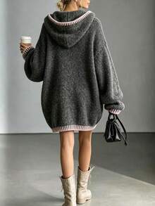 LUMIGAL Women's Lace Bow Decor Drop-Shoulder Long Sleeve Hooded Knit Dress - Dark Grey - View 2