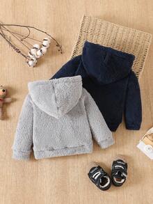 SHEIN Playful Pals 嬰兒雙面絨毛連帽外套，嬰兒秋冬保暖內裡加厚上衣，海軍藍/灰色，柔軟百搭適合日常穿著 - 彩色 - 查看 2