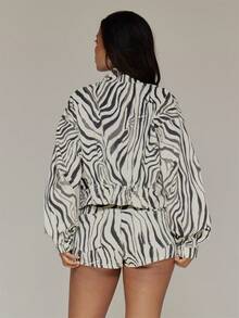 MUSERA Jaket Wanita Motif Zebra Kerah Corong dengan Resleting untuk Musim Gugur dan Musim Dingin, Cocok untuk Acara Keluar Rumah - MultiWarna - View 5