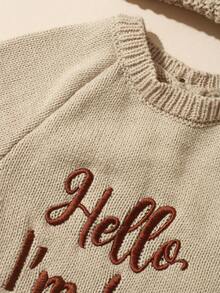SHEIN 2件組 Hello I'm Here 趣味圖案刺繡新生兒攝影套裝 針織海軍藍連身衣連帽衫 嬰兒拍照道具 秋季 - 卡其色 - 查看 7