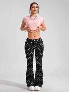 SHEIN PETITE 女款波點鈕扣休閒百搭日常穿著牛仔褲 - 黑色 - 查看 4