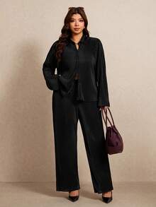 Elaquor Plus Size Women's Solid Color Long Sleeve Shirt And Wide Leg Pants Casual 2 Pieces Set Fall - Black - View 6