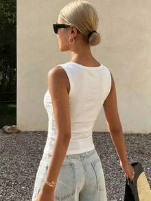 DAZY Women's Square Neck Fitted Ribbed Camisole Top, Summer Top - White - View 6