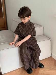 Hapijoa Young Boy Striped Polo Shirt And Straight Leg Pants Set - Brown - View 6