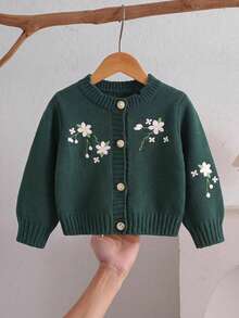 SHEIN Baby Girl Knitted Solid Color Embroidered Pattern Round Neck Casual Cardigan - Green - View 7