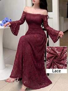 Modelyn Vestido Longo Feminino com Ombros à Mostra em Renda Cor Vinho Tinto. Vestido Longo com Ombros à Mostra em Renda Xadrez, Adequado para Eventos Formais ou Encontros. Elegante para o Outono. - Vinho - Visão 6