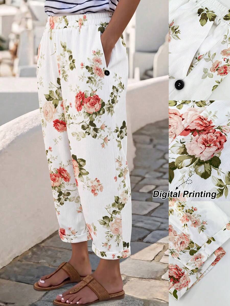Linhara CURVE Versatile Premium Floral Print Plus Size Women's Pocket Trousers - Multicolor - View 1