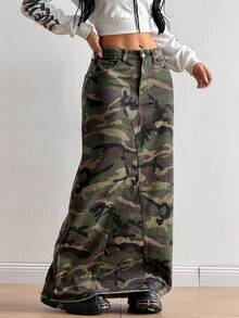 SHEIN HypeZone 女款迷彩休閒日常牛仔裙，附口袋與鈕扣設計 - 軍綠色 - 查看 1