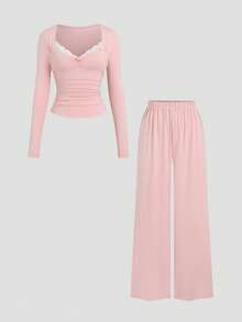 Sweetra Women's Casual Cute Knit 2-Piece Set, Fashion Sexy Lace Patchwork Floral Knit Dusty Pink Long Sleeve T-Shirt And Elastic Knit Pants Lounge Autumn - Baby Pink - View 1