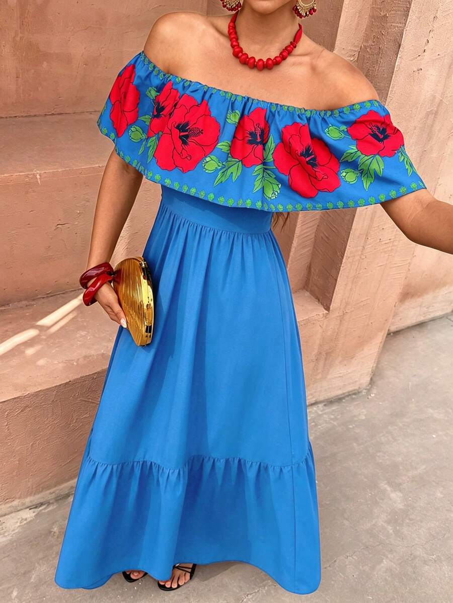 Flora Isola Women's Square Neck/Off-Shoulder Ruffle Dress, Vibrant Mexican Floral Print With Contrasting Colors, High Waist Slim Fit Design, Flowy Flare Hem Maxi Dress, Summer Vacation Style, Elegant Ruffle Neckline And Textured Ruffle Hem, Suitable For Daily, Commute, Date And Vacation - Sky Blue - View 1