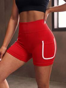 SHEIN Sports Celana Pendek Olahraga Slim Fit Pinggang Tinggi Lembut dengan Kantong Samping untuk Gym, Lari, Warna Hitam dan Merah, Cocok untuk Musim Panas - Merah - View 3