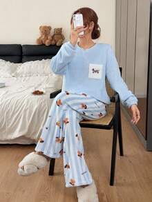 Napfluff Cute Puppy Double-Sided Flannel Print Loose Round Neck Long Sleeve Pants Women's Pajama Set - Baby Blue - View 7