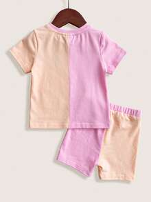 LOONEY TUNES X SHEIN Baby Girl Cartoon Print Colorblock Round Neck Short Sleeve T-Shirt And Casual Fitted Shorts Set - Pink - View 2