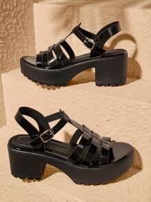 HighSole 女款時尚高跟綁帶涼鞋，簡約休閒日常穿搭 - 黑色鏡面 - 查看 5
