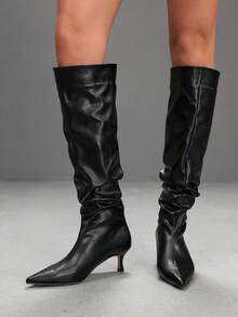 CUCCOO SZL Stivali da donna con punta nera in pelle morbida con tacco kitten e stivali da donna al ginocchio eleganti semplici da pendolare sexy per occasioni di festa & Natale autunno inverno stivali alti da donna - Pelle nera morbida - Visualizzare 5
