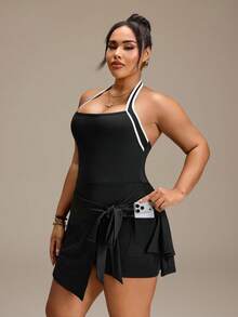 SHEIN Rhythm Era Women's 2 In 1 Tie-Front Hip-Covering Slimming Anti-Exposure Dress - Black - View 4