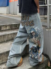 STEELVANCE Streetwear Retro Fashion Versatile Distressed Washed Rivet Character Letter Print Design Loose Straight Wide Leg Casual Denim Jeans Holiday Summer - Light Wash - View 5