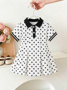 SHEIN 女嬰 Polo 領百褶細節波點洋裝，可愛俏皮波點設計，適合休閒日常穿著、外出與度假，夏季穿搭夏日洋裝 - 白色 - 查看 5