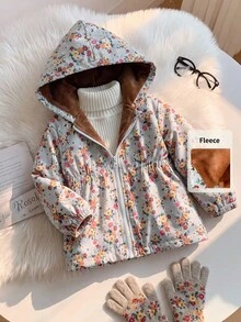 SHEIN 幼女可愛甜美灰色數位花卉絎縫羽絨夾克，彈性腰圍長袖連帽加厚戶外冬季保暖公主芭蕾風拉鍊外套 - 彩色 - 查看 8