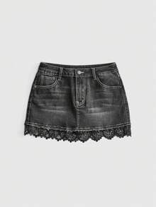 ROMWE Rok Denim Wanita Model Y2K Vintage Washed Ultra Low Waist dengan Ujung Berumbai dan Desain Renda Kontras - Hitam - View 1