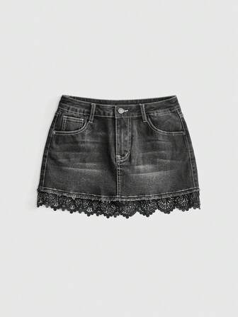 Jupe en jean pour femme style Y2K vintage délavée, taille ultra basse, ourlet effiloché et design en dentelle contrastée