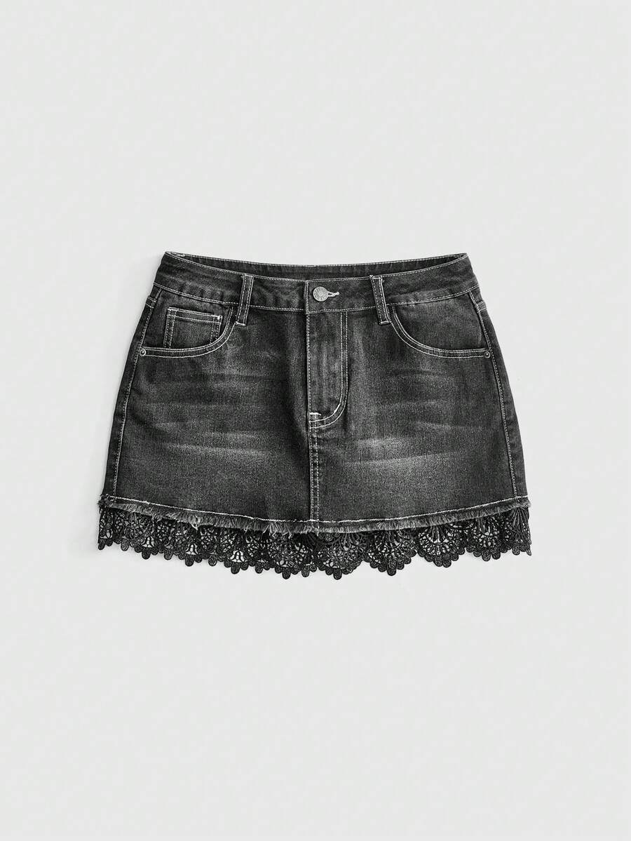 ROMWE Rok Denim Wanita Model Y2K Vintage Washed Ultra Low Waist dengan Ujung Berumbai dan Desain Renda Kontras - Hitam - View 1
