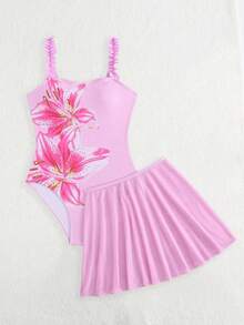 SHEIN Traje de baño de una pieza con tirantes finos y estampado floral, con falda de malla de unicolor para niña preadolescente - Multicolor - Ver 5