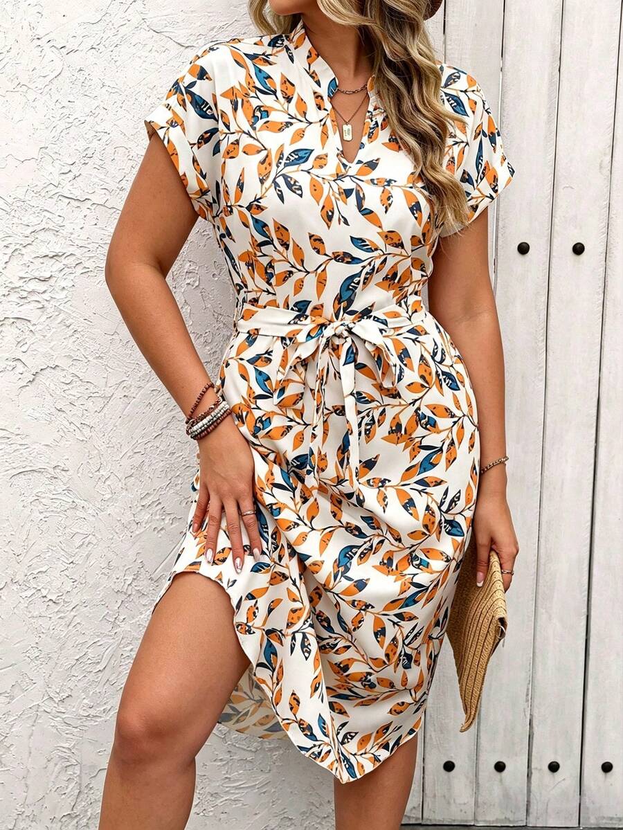 Breezaya Plus Size Women's Casual Vacation V-Neck Belted Printed Short Sleeve Summer Dress - Multicolor - View 1