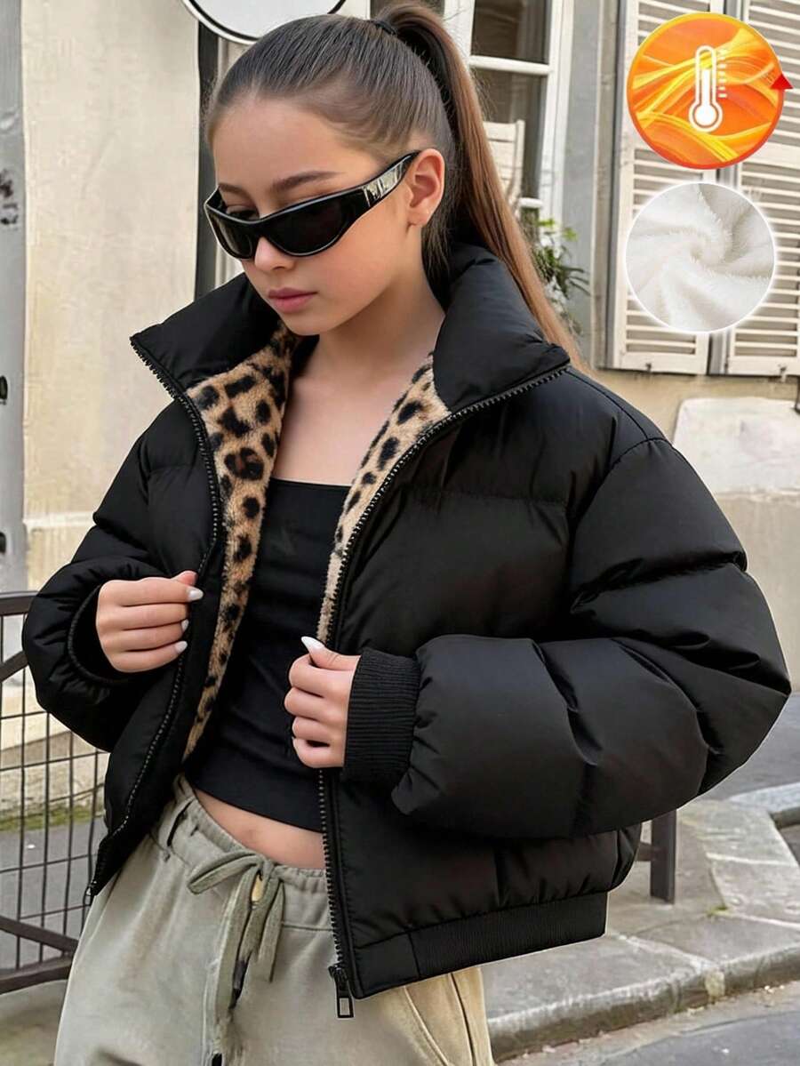 SHEIN Tween女孩簡約舒適大廓型短版立領填充外套,黑色,居家與校園穿搭 - 黑色 - 查看 1