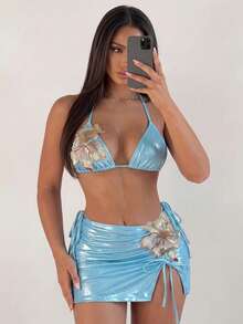 SHEIN Swim 3件套夏季新款亮片刺绣花卉三角比基尼聚拢泳衣女款 - 藍色 - 查看 1
