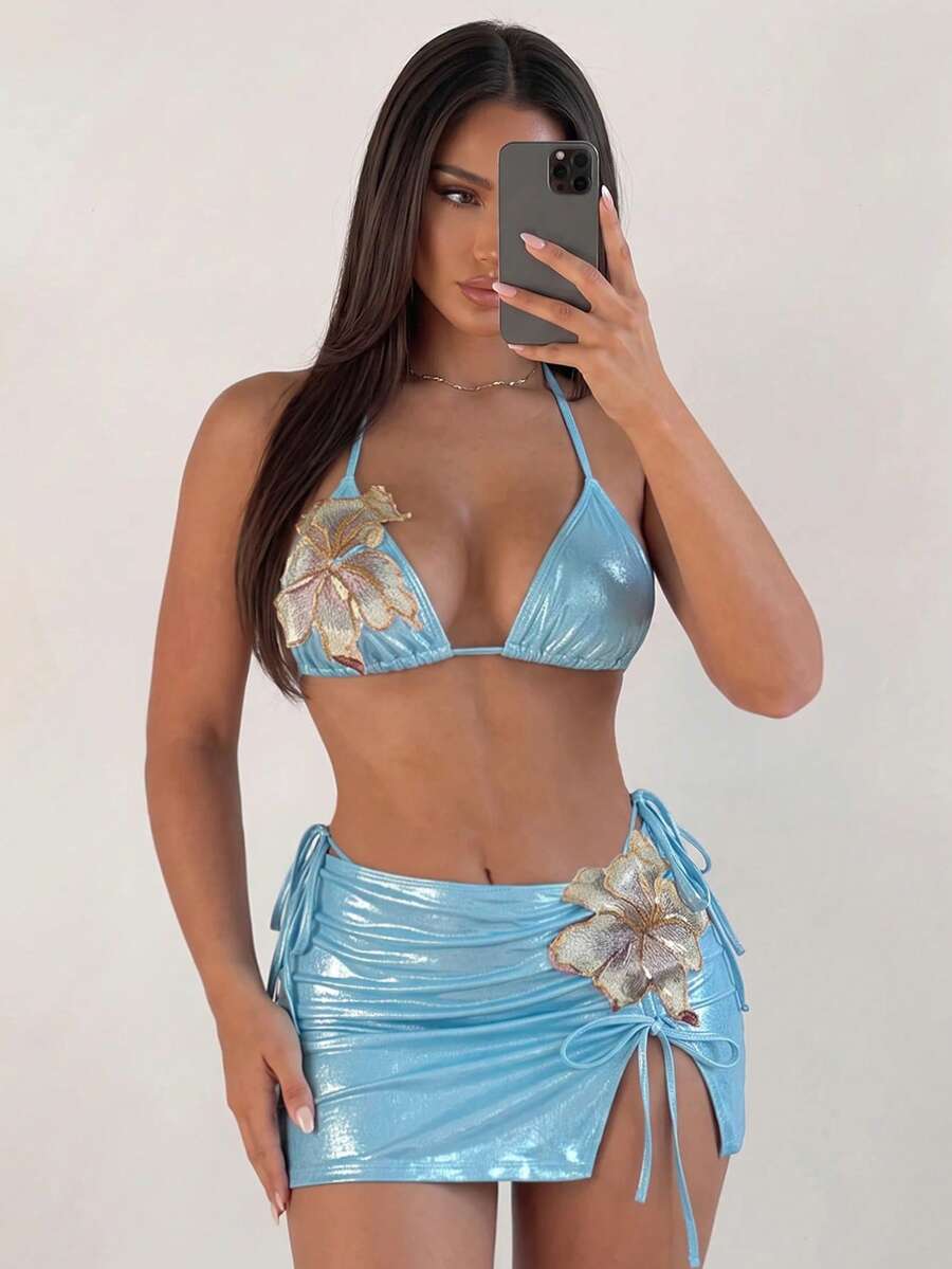 SHEIN Swim 3件套夏季新款亮片刺绣花卉三角比基尼聚拢泳衣女款 - 藍色 - 查看 1