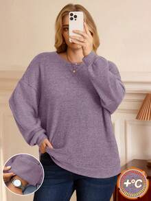 EMERY ROSE Plus Size Women Solid Color Round Neck Drop Shoulder Long Sleeve Casual Loose Sweatshirt - Dusty Purple - View 2