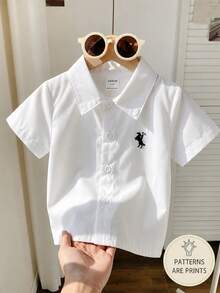 SHEIN Playful Pals 嬰幼兒男童白色短袖襯衫，馬印花領口，夏季休閒家庭套裝，鈕扣開襟上衣，紳士風格，6M-3T - 白色 - 查看 9