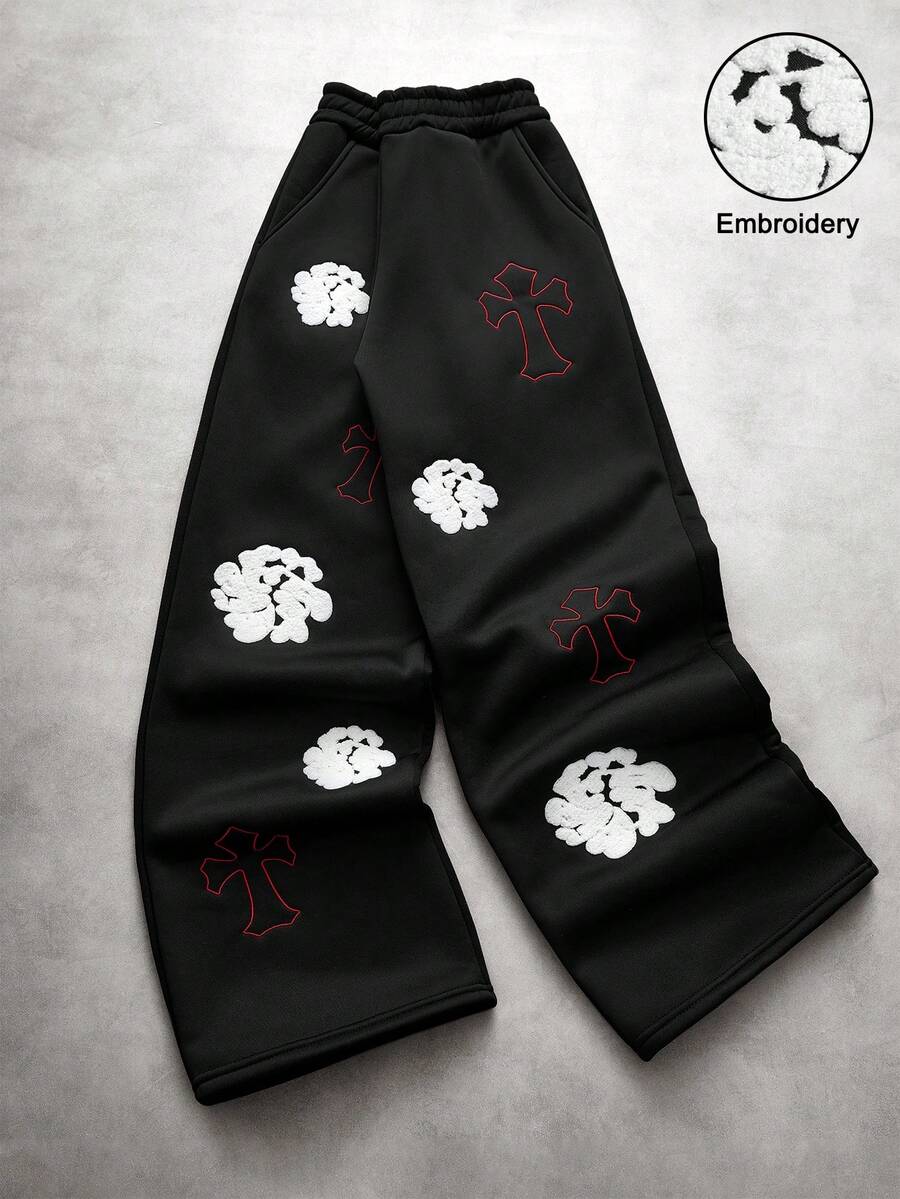 PAVTROS 男士街頭風熱銷 3D 十字毛巾刺繡運動長褲,男友/丈夫週年紀念禮物 - 黑色 - 查看 1