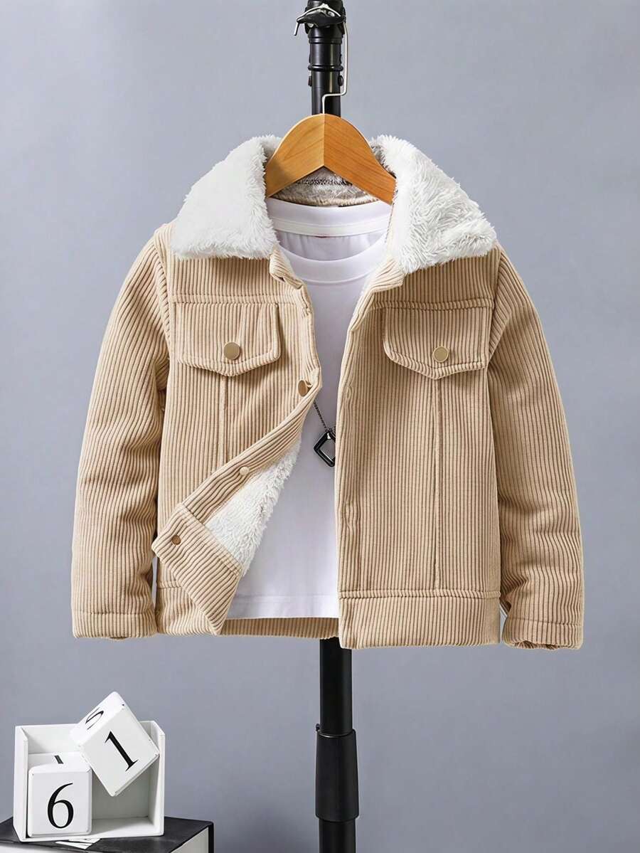 SHEIN Vacaura 小男孩保暖內裡休閒百搭冬季加厚外套 - 米色 - 查看 1