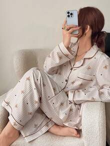 Napfluff Bubble Crinkle Plaid Bear Print Cardigan Collar Pajama Set - Khaki - View 6