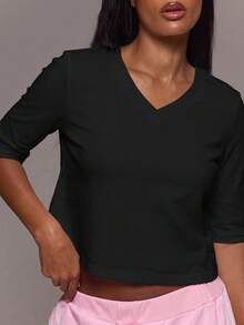 MUSERA ESSENTIALS Atasan Katun Campuran Leher V Lengan Seperempat Longgar Model Kaos Dasar Sehari-hari yang Lucu dan Seksi untuk Musim Semi dan Musim Panas - Hitam - View 5