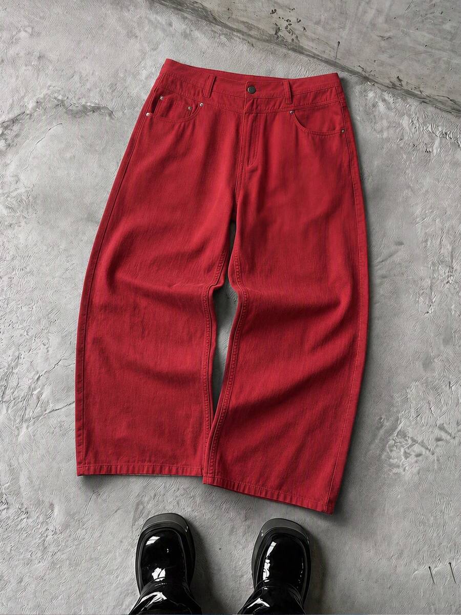 NEON BLANC Celana Jeans Pria Serbaguna dengan Kantong Kancing Merah dan Potongan Longgar - Merah - View 1