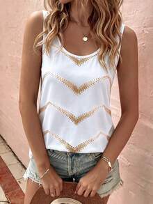 SHEIN LUNE Áo tank top nữ mùa xuân/hè mới về, họa tiết chấm bi và sọc bất đối xứng, cổ chữ U, kiểu dáng thường ngày, đa năng. - Nhiều màu - Xem 4