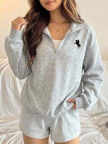 Tween Girl Minimalist Loose Casual Half-Zip Sporty Sweatshirt With Split Design , Fall/Winter - Light Grey - View 4