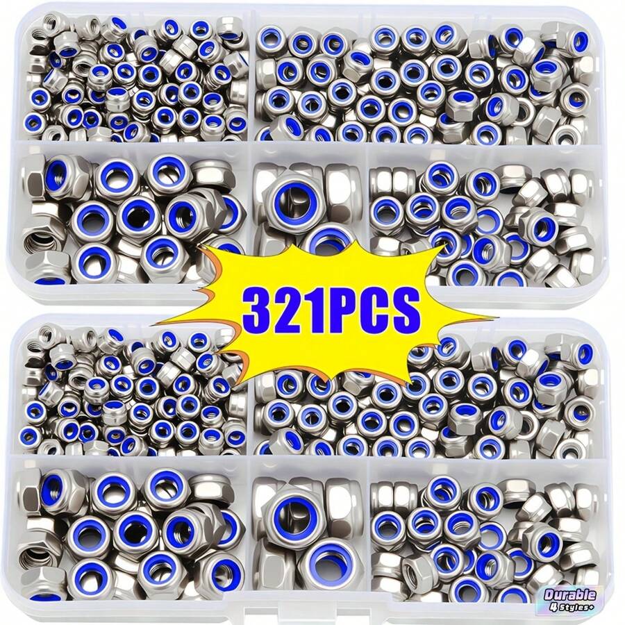 321 Pcs Grade A Stainless Steel Nuts Assortment Kit, Sizes M3 M4 M5 M6 M8 With Nylon Locking Inserts, Right Tooth Anti-Loosening Design, Transparent Storage Case, Perfect For Home Decoration Projects - silver - View 1