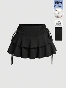 SHEIN Tall 女款素色百褶休閒百搭日常裙 - 黑色 - 查看 1
