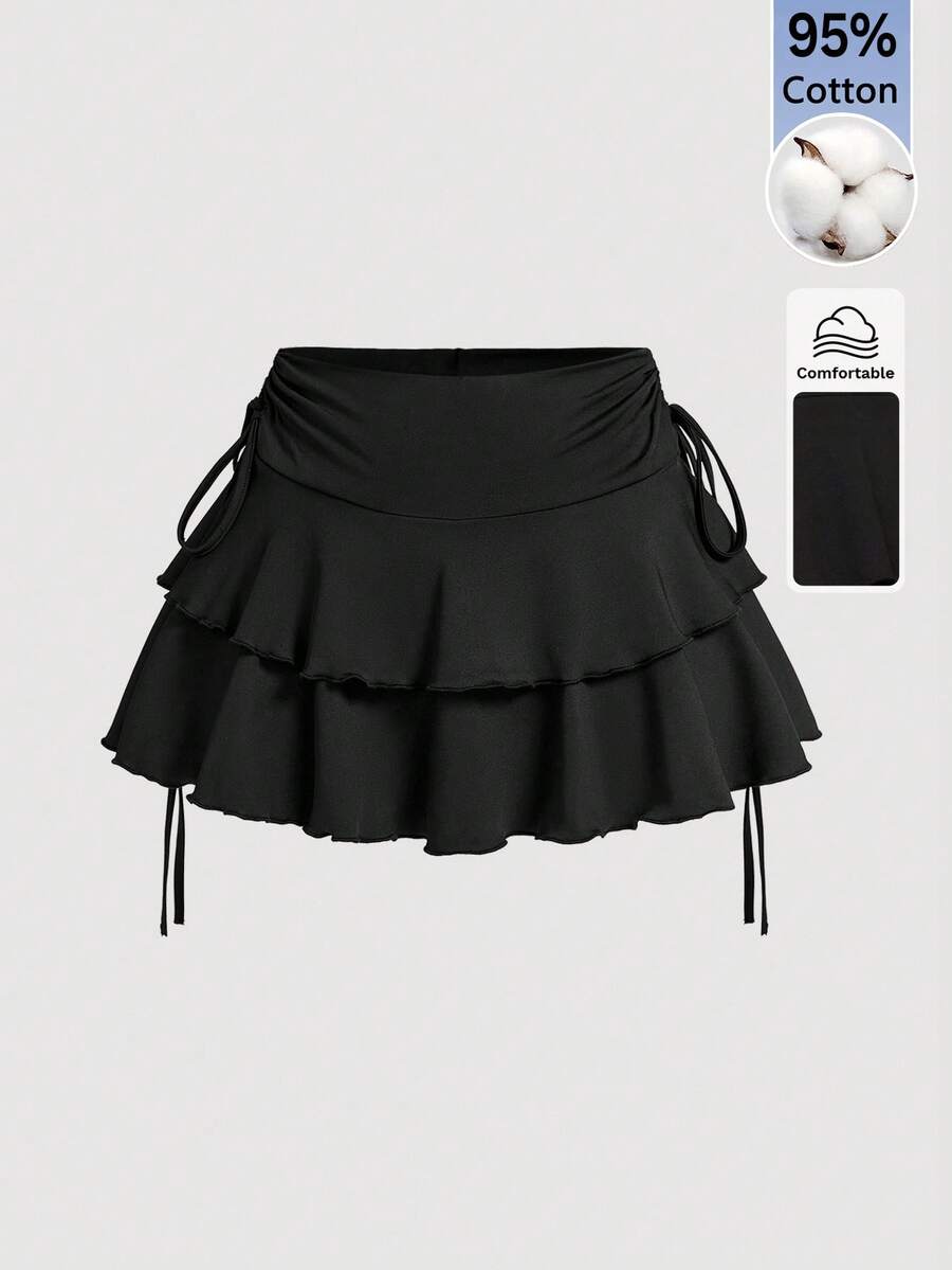 SHEIN Tall 女款素色百褶休閒百搭日常裙 - 黑色 - 查看 1