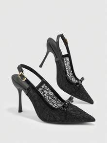 CUCCOO BIZCHIC 簡約後空扣帶細高跟鞋，日常通勤百搭女鞋 - 蕾絲網黑-3 - 查看 5