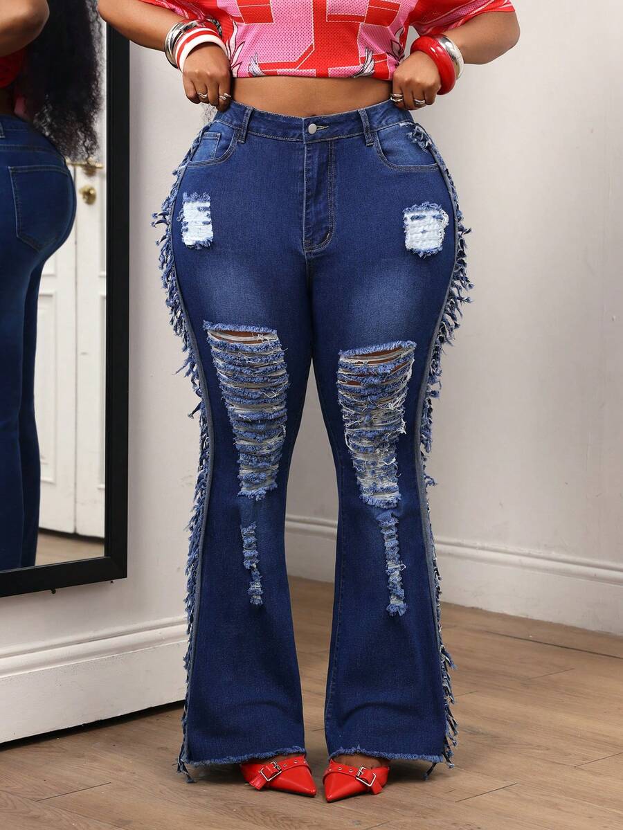 Slaydiva بنطلون جينز نسائي كاجوال يومي مقاس كبير بتصميم واسع مع جيب وزر وتصميم ممزق - الأزرق - مشاهدة 1