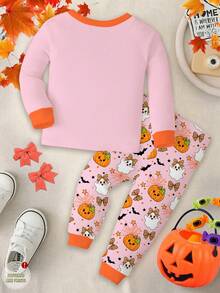 Halloween, Young Girl Casual Minimalist Cute Sweet Ghost, Pumpkin, Bat Pattern, Cream Color, Comfortable Long Sleeve Long Pants Loungewear Suitable For Autumn/Winter, Snug Fit, Looks Of Party, Cute, Cozy, Snug Fit - Multicolor - View 4