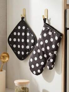 Haus Hana 1/2pcs Black Polka Dot Oven Mitts & Pot Holders, Cute Kitchen Oven Gloves And Hot Pads Set For Cooking, Baking, Microwave, Grilling, Home Kitchen Daily Use & Gift - View 2