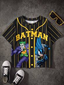 BATMAN X SHEIN 男婴休闲条纹卡通图案圆领短袖上衣，夏季 - 白色 - 查看 1