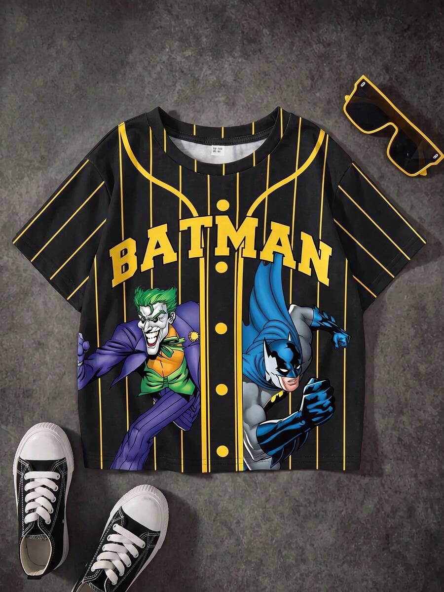 BATMAN X SHEIN 男婴休闲条纹卡通图案圆领短袖上衣,夏季 - 白色 - 查看 1